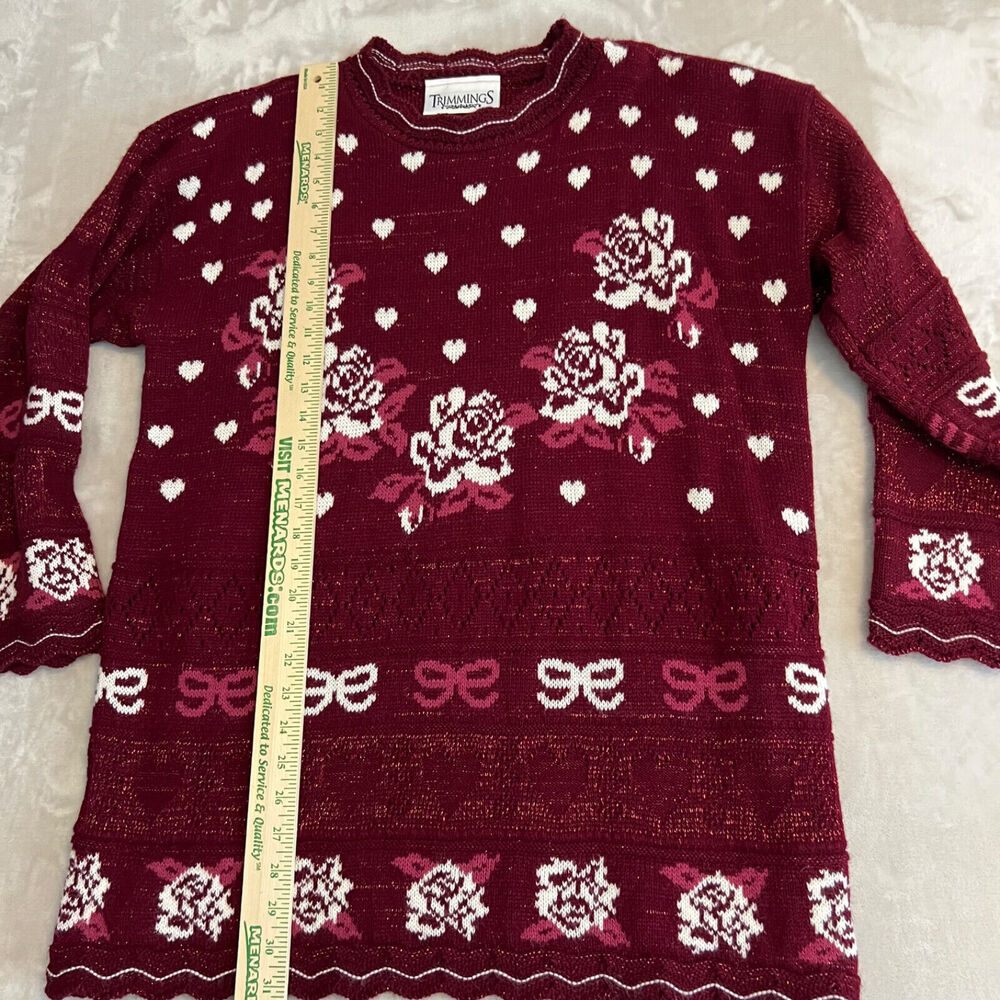 VTG Trimmings Sweater Womens 18 Red Floral Heart Knit Grandma Feminine Romantic‎ - Picture 10 of 13